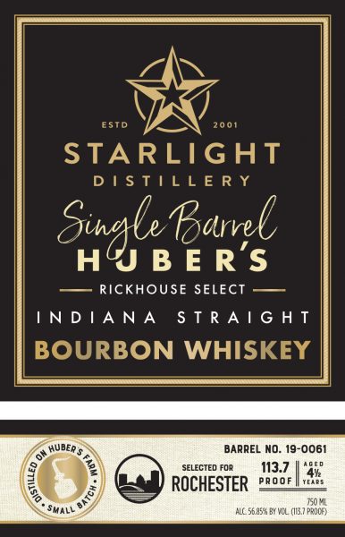 Indiana Straight Bourbon Whiskey Single Barrel Carl T Rochester Starlight Distillery